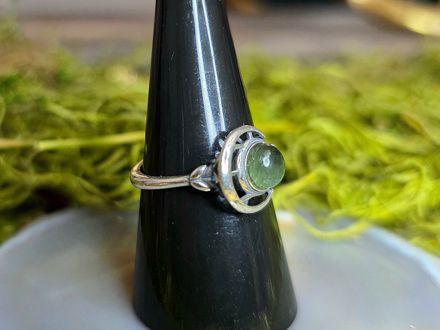 Green Rutile Moon Ring