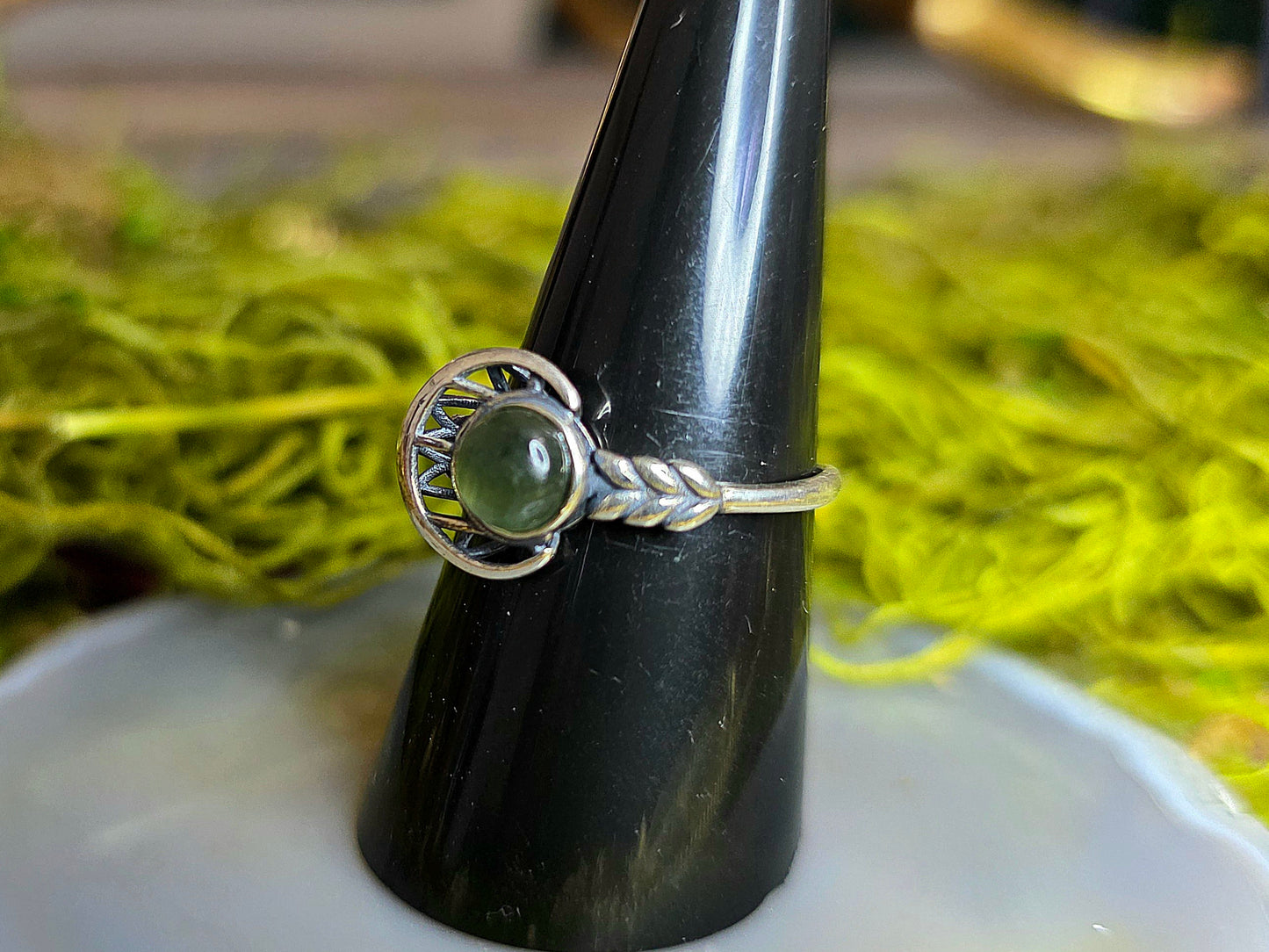 Green Rutile Moon Ring