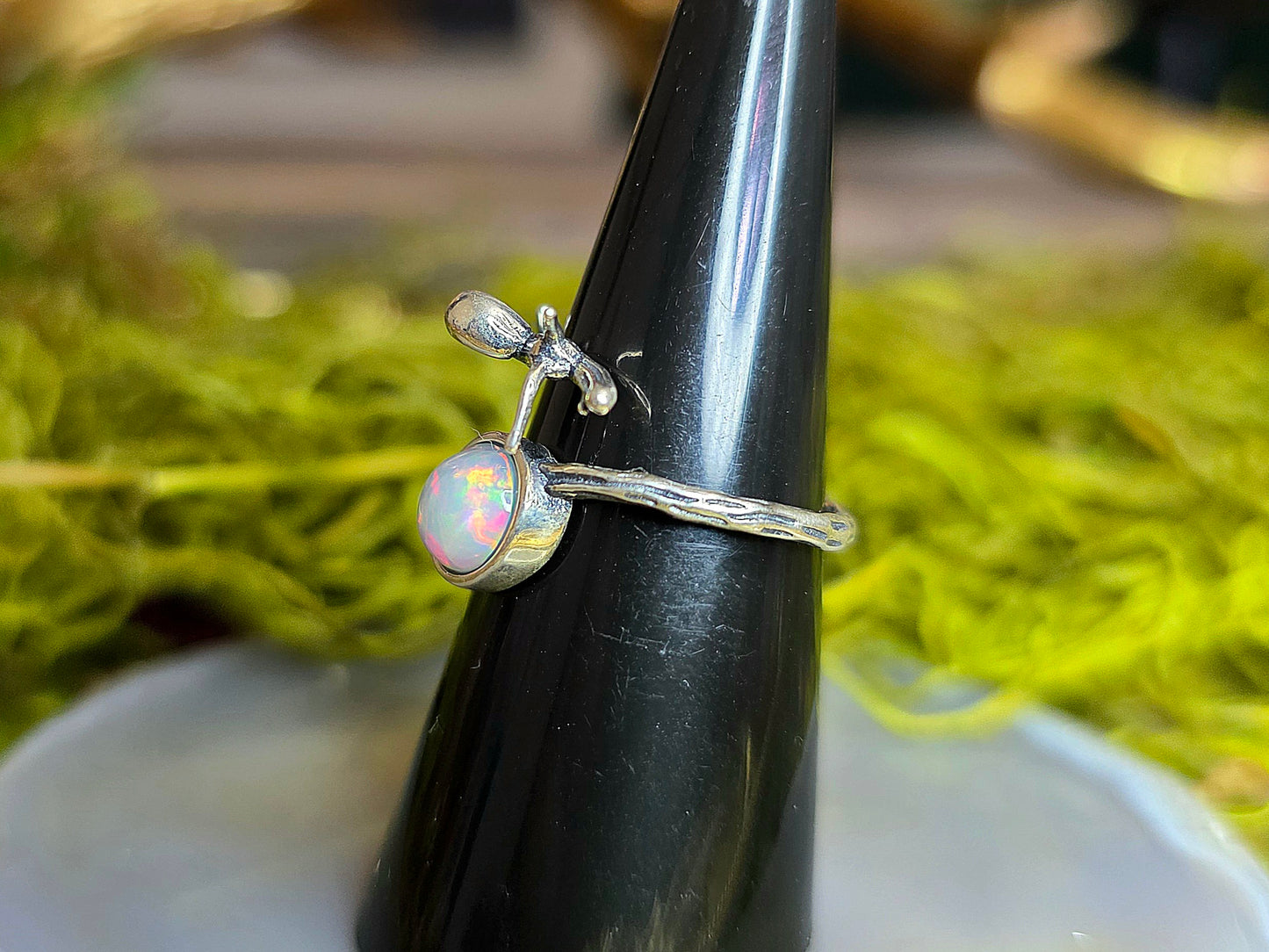 White Honeycomb Opal Snail Ring