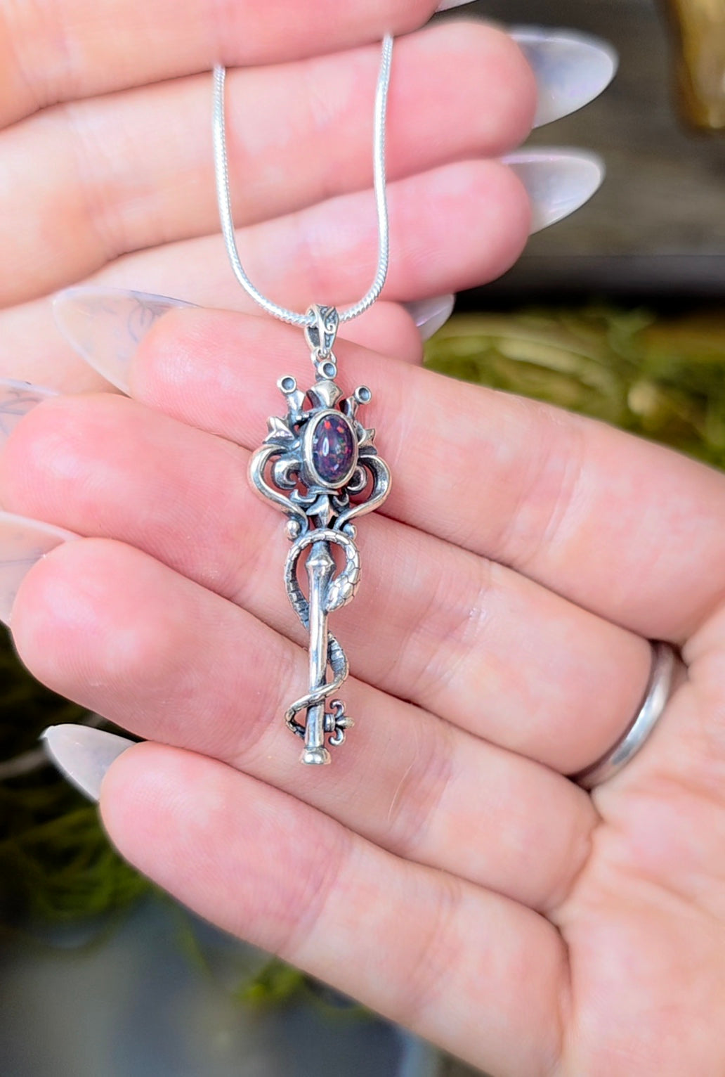 Black Opal Snake and Key Pendant
