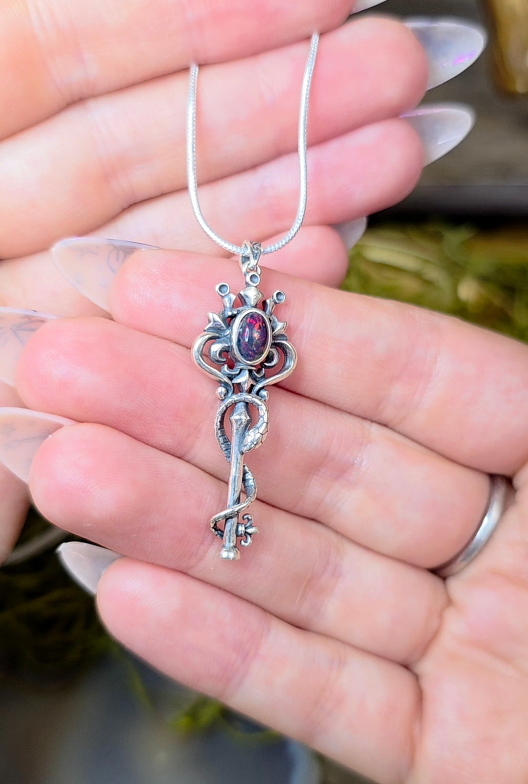 Black Opal Snake and Key Pendant