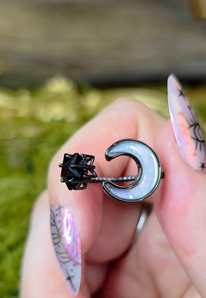 White Shell Moon and Black Spinel Star Ring