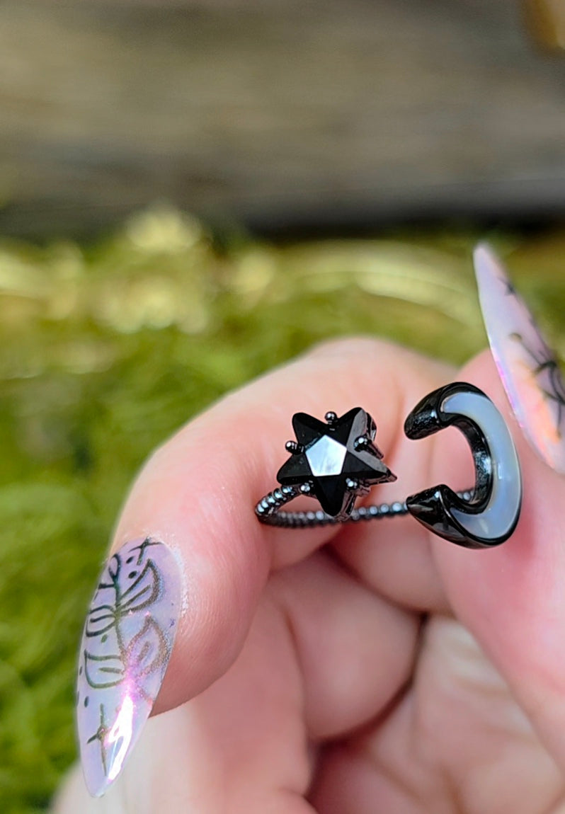 White Shell Moon and Black Spinel Star Ring