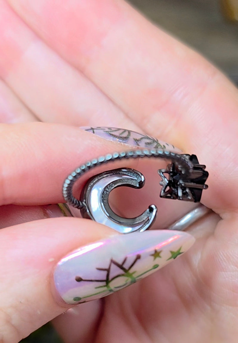 White Shell Moon and Black Spinel Star Ring
