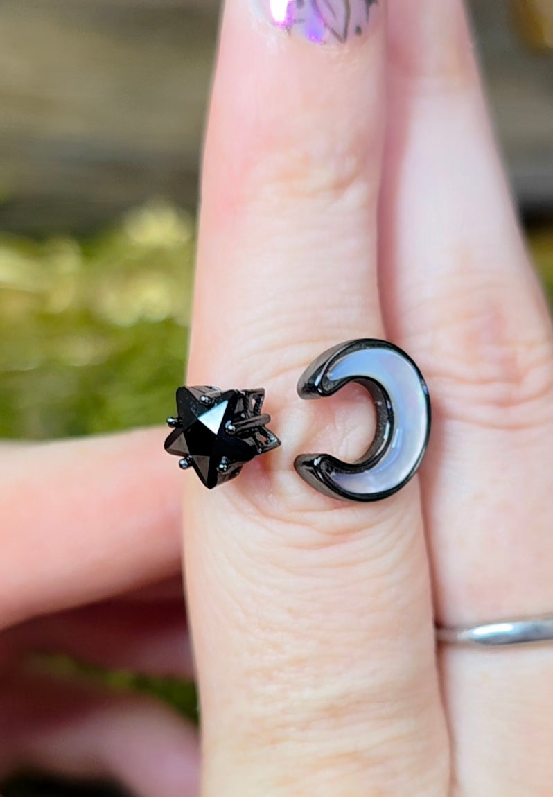 White Shell Moon and Black Spinel Star Ring