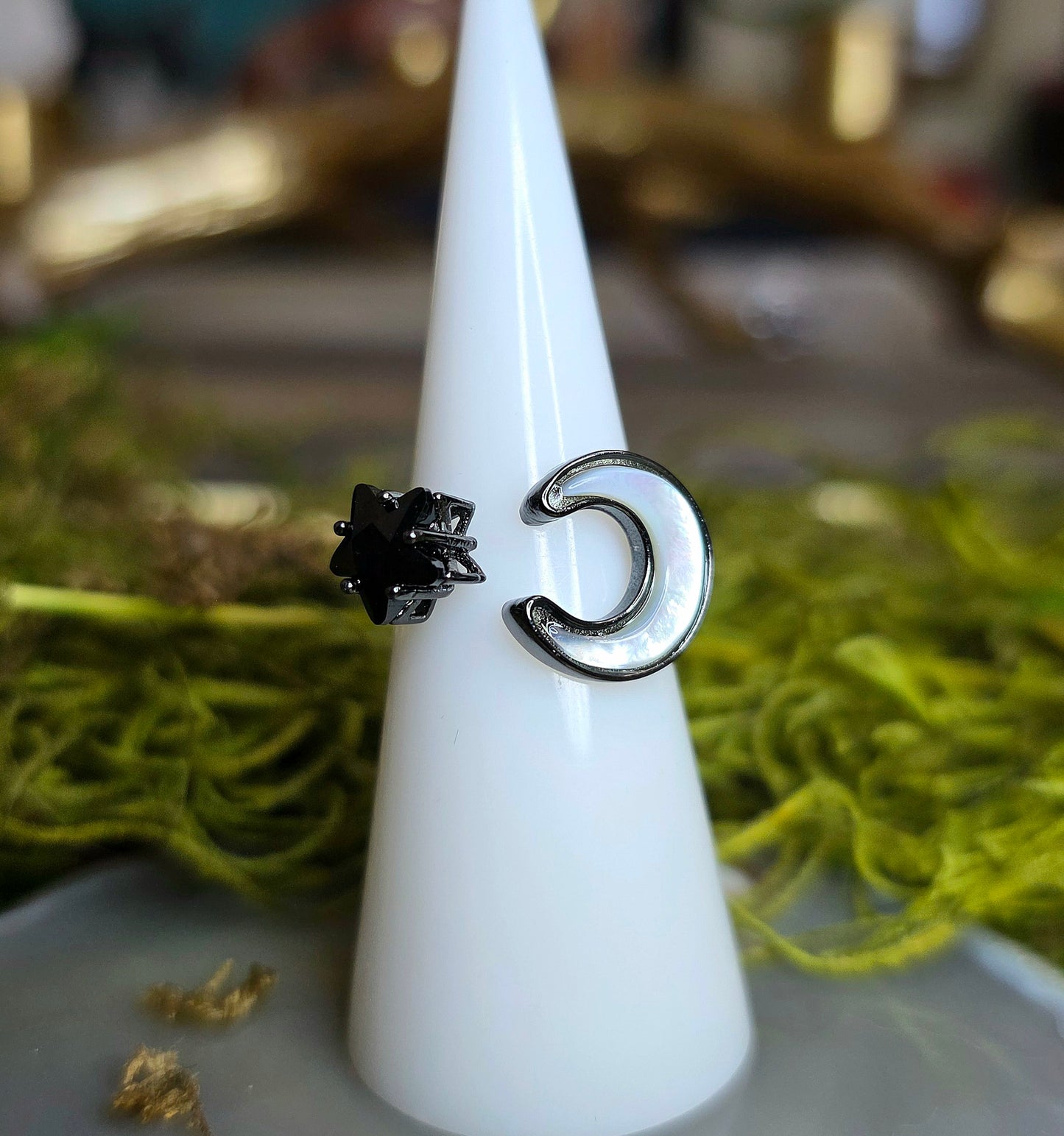 White Shell Moon and Black Spinel Star Ring