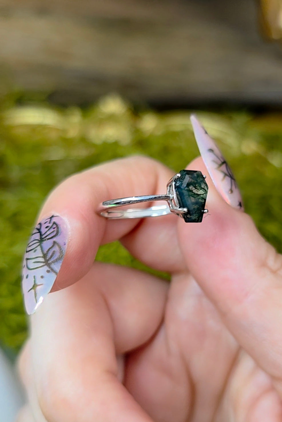 Moss Agate Coffin Ring B