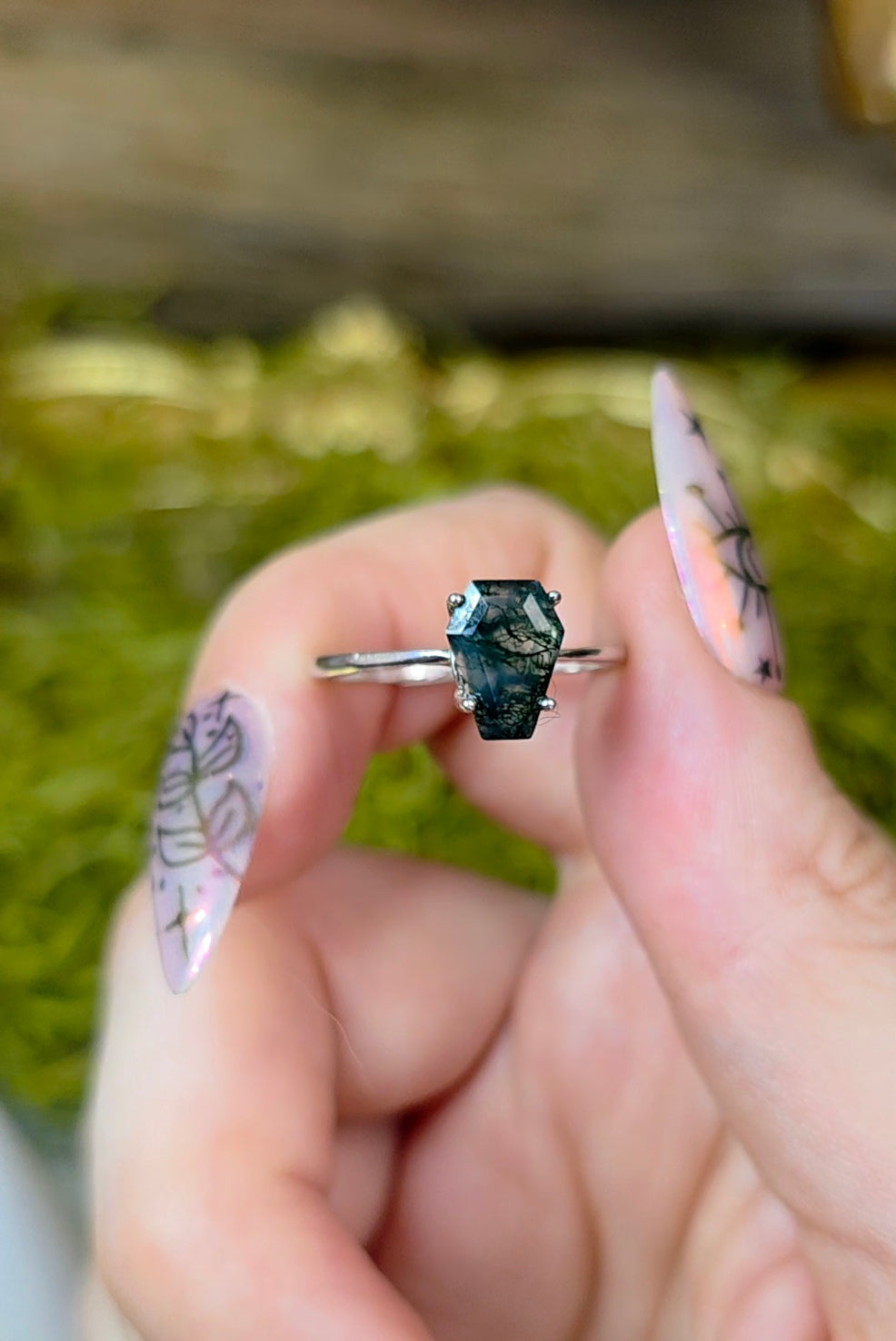 Moss Agate Coffin Ring B