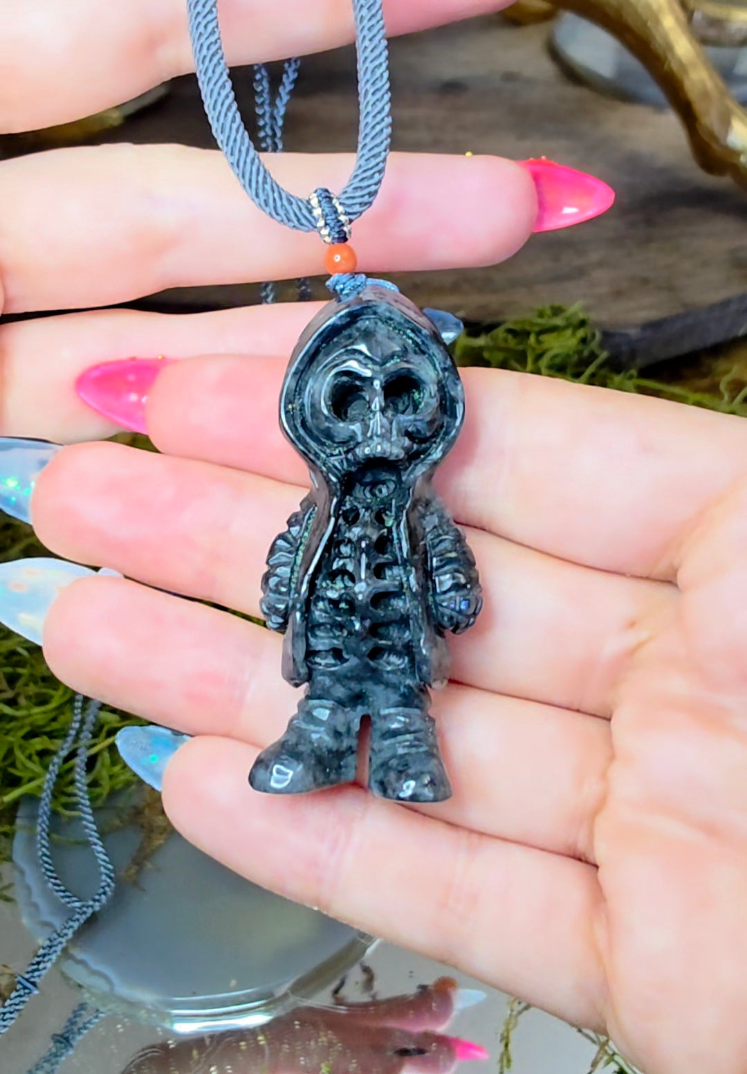 Black Jadeite Skeleton Pendant Necklace