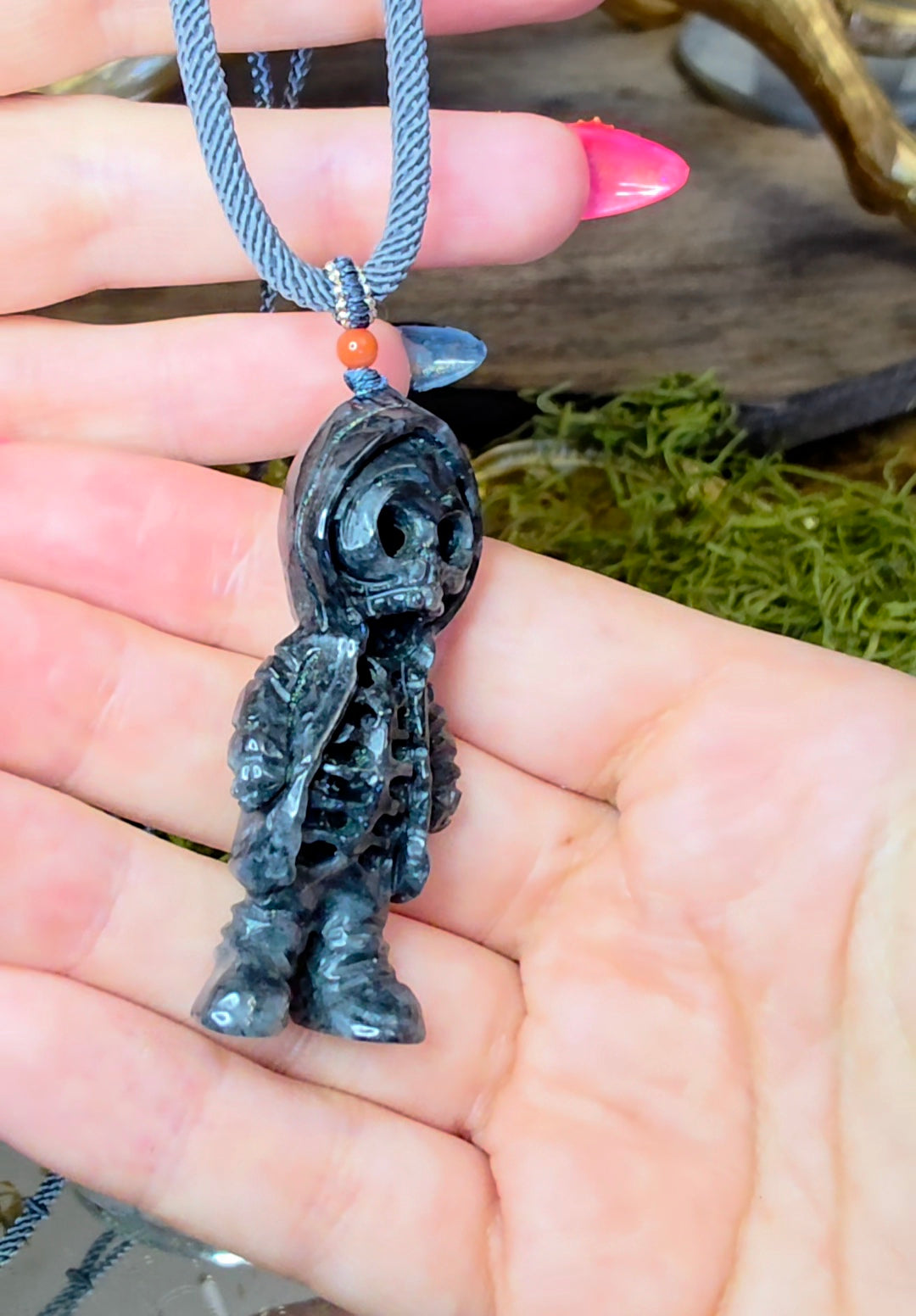 Black Jadeite Skeleton Pendant Necklace