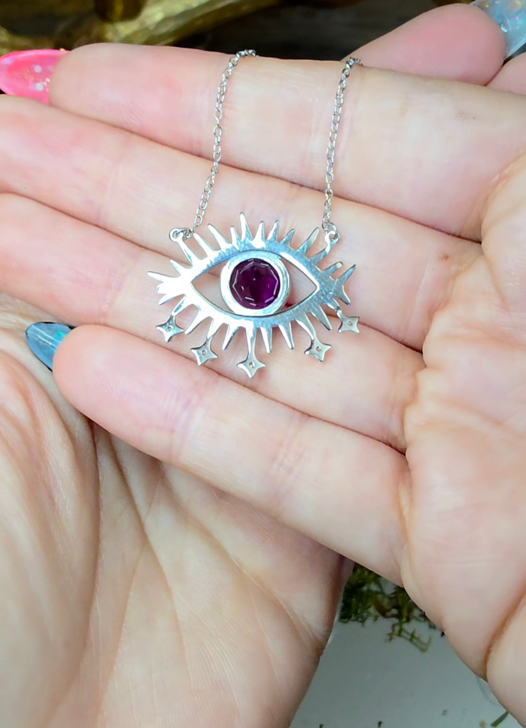 Purple Fluorite Evil Eye Pendant