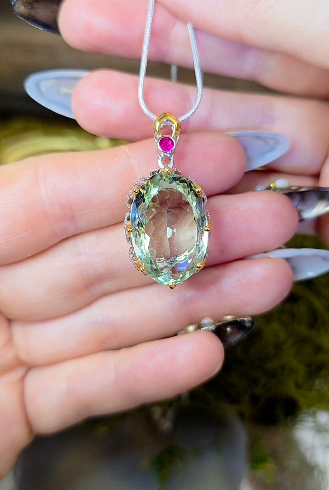 Prasiolite and Ruby Pendant B