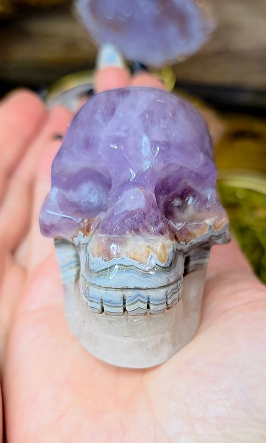 Amethyst and Crazy Lace Agate Skull A