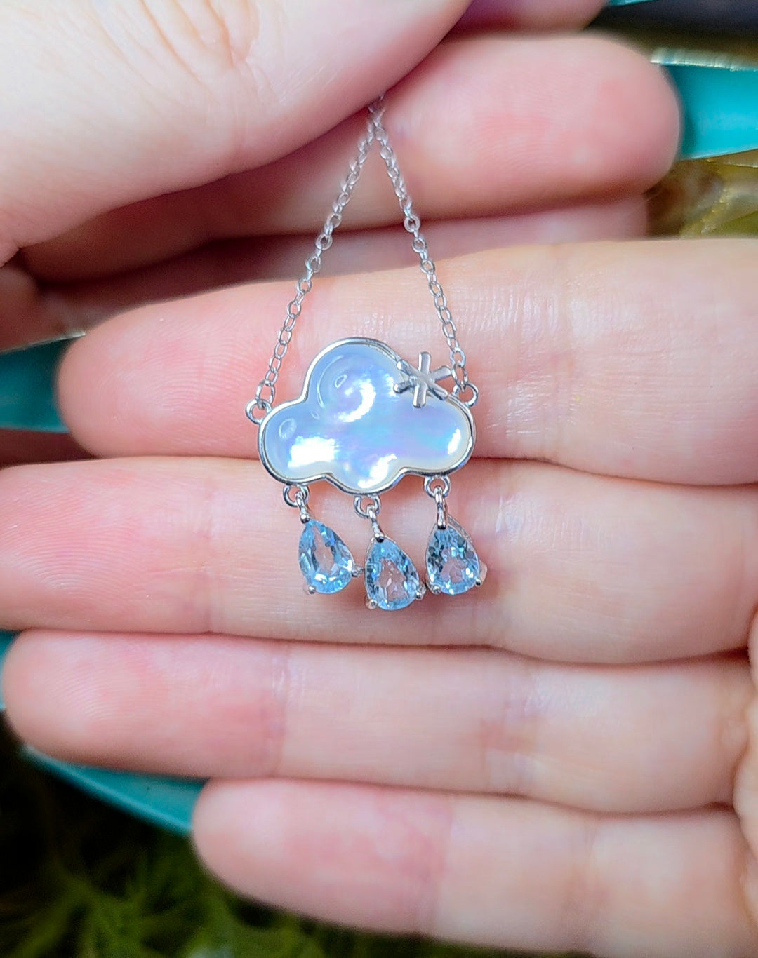 White Shell and Blue Topaz Rain Cloud Necklace