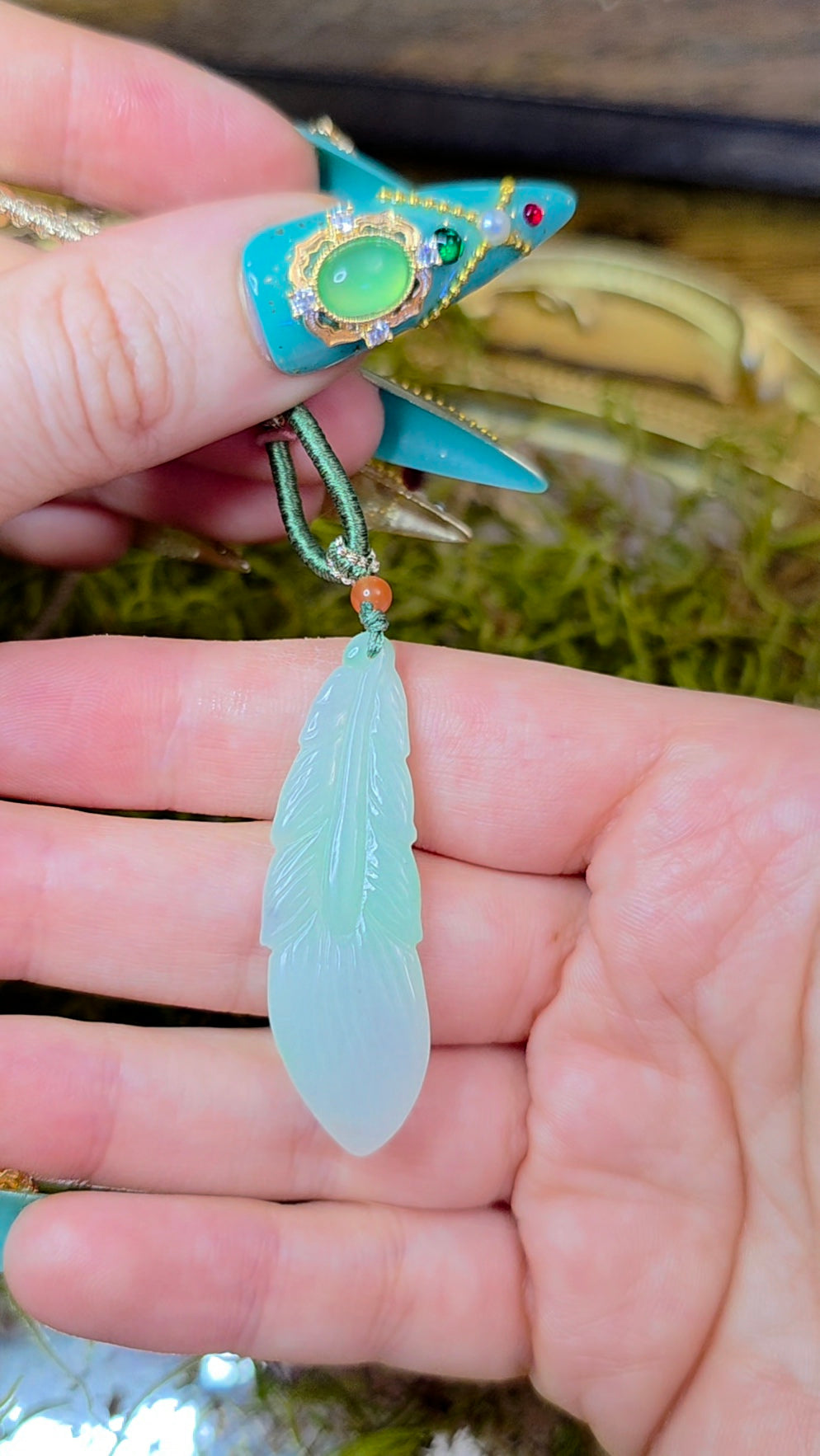 Green Jadeite Feather Pendant Necklace