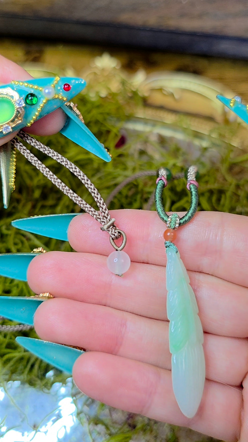 Green Jadeite Feather Pendant Necklace