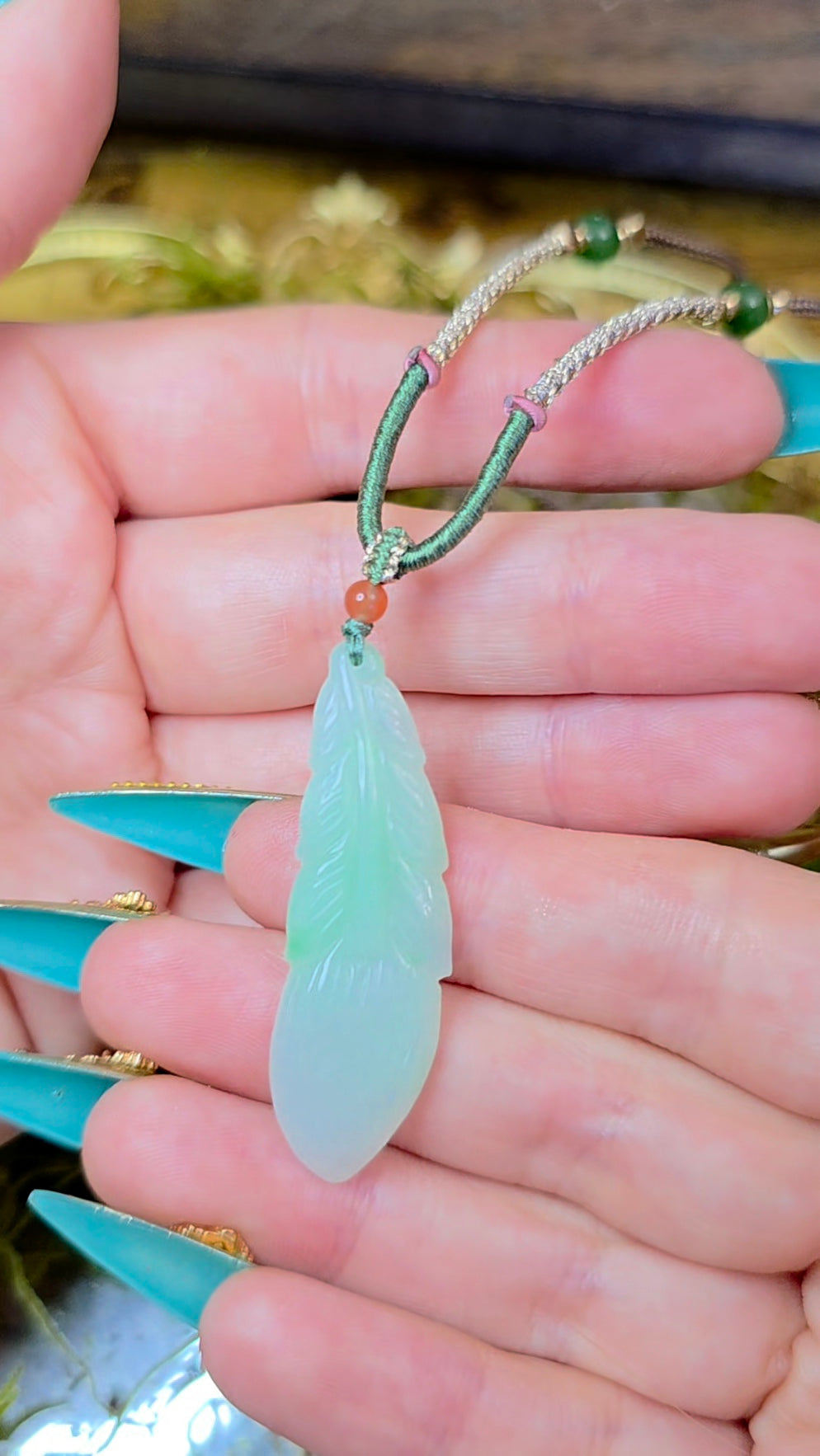 Green Jadeite Feather Pendant Necklace