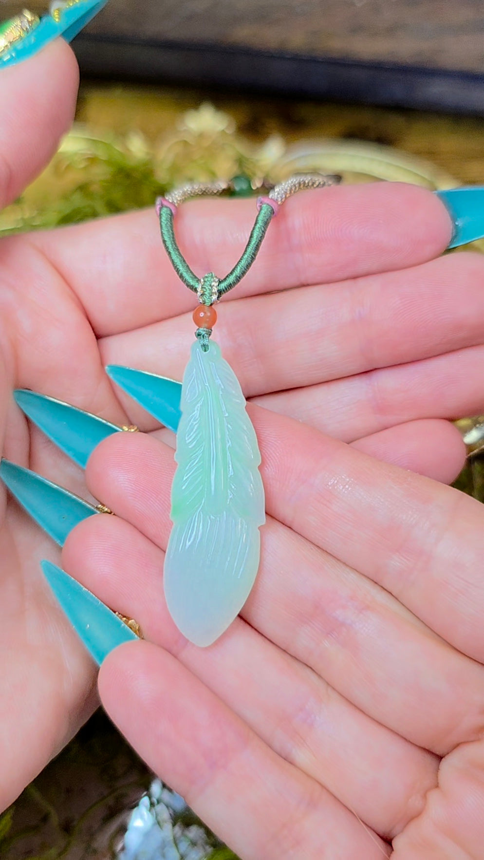 Green Jadeite Feather Pendant Necklace