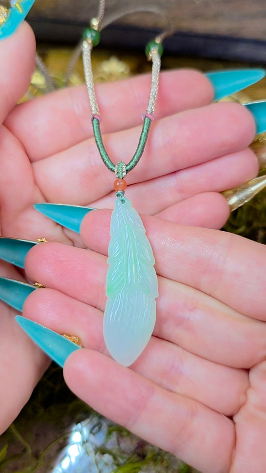 Green Jadeite Feather Pendant Necklace