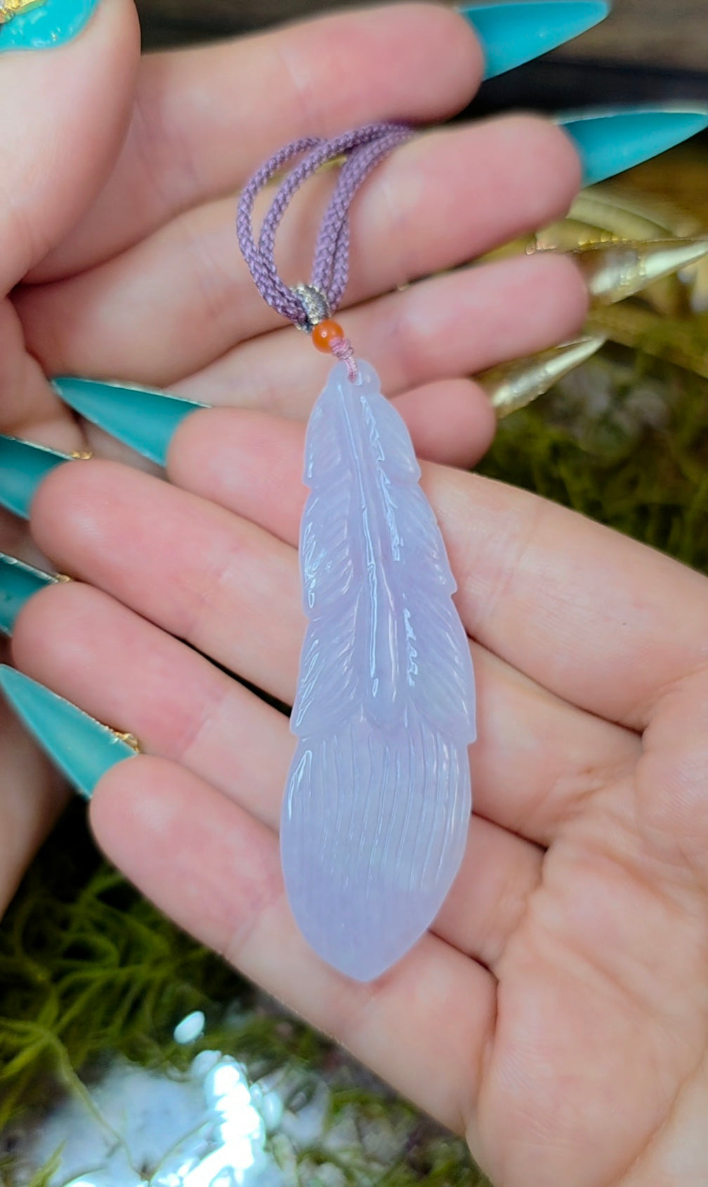 Lavender Jadeite Feather Pendant Necklace