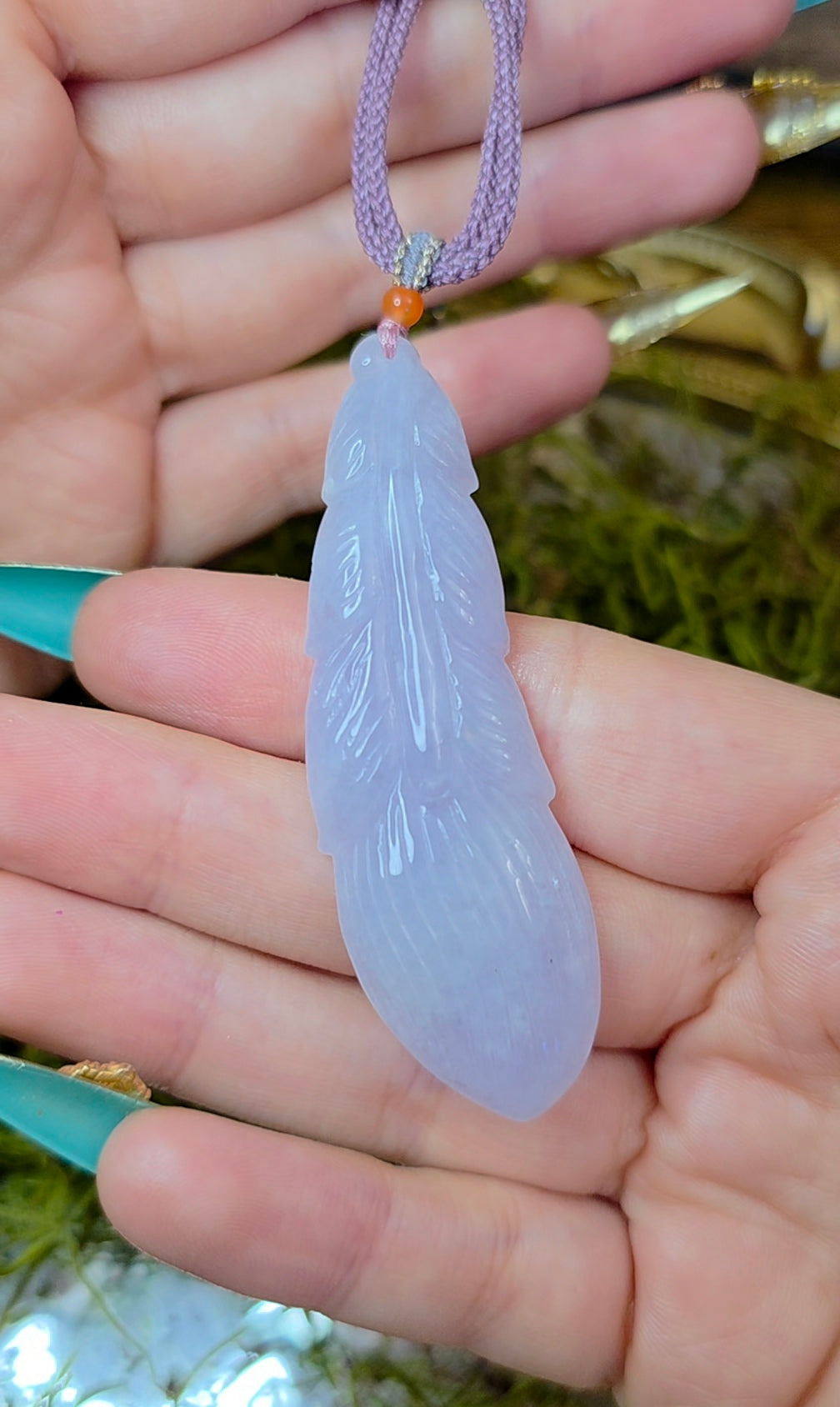 Lavender Jadeite Feather Pendant Necklace
