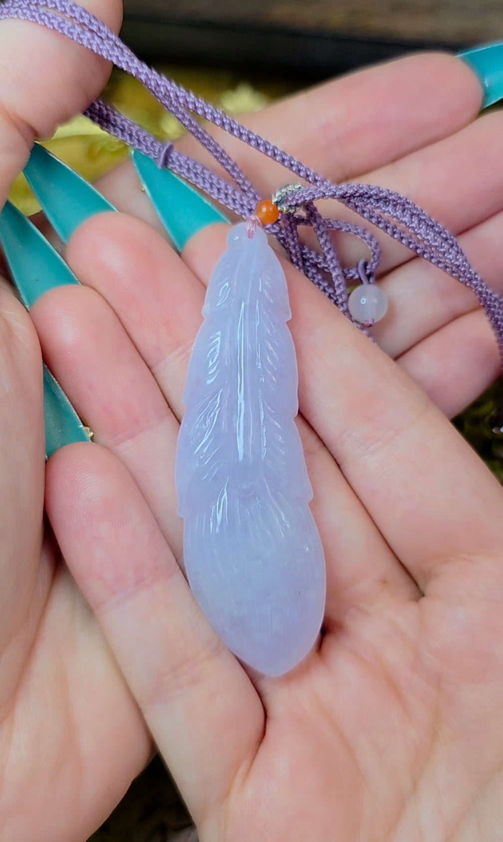 Lavender Jadeite Feather Pendant Necklace