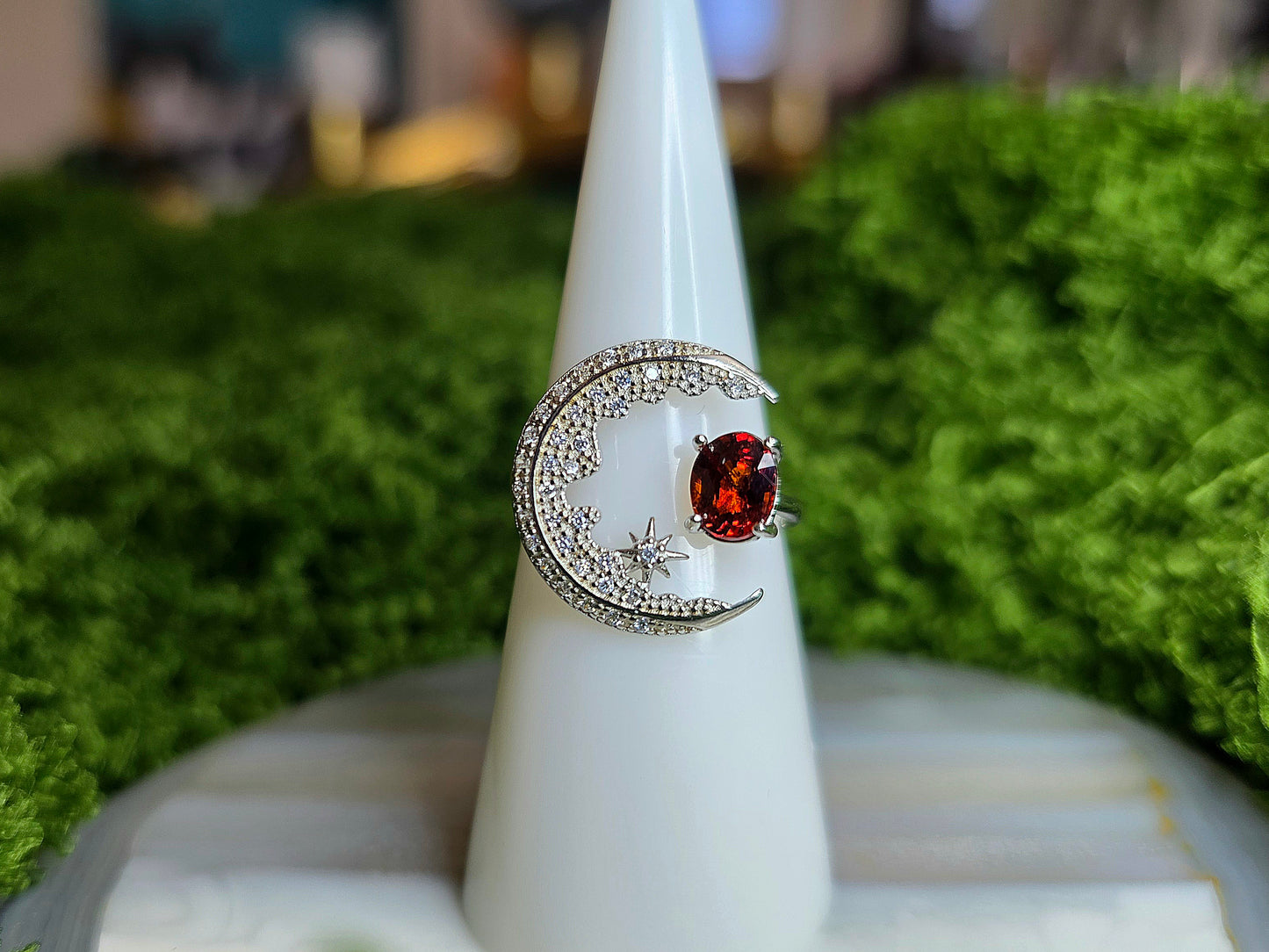 Garnet Crescent Moon Ring