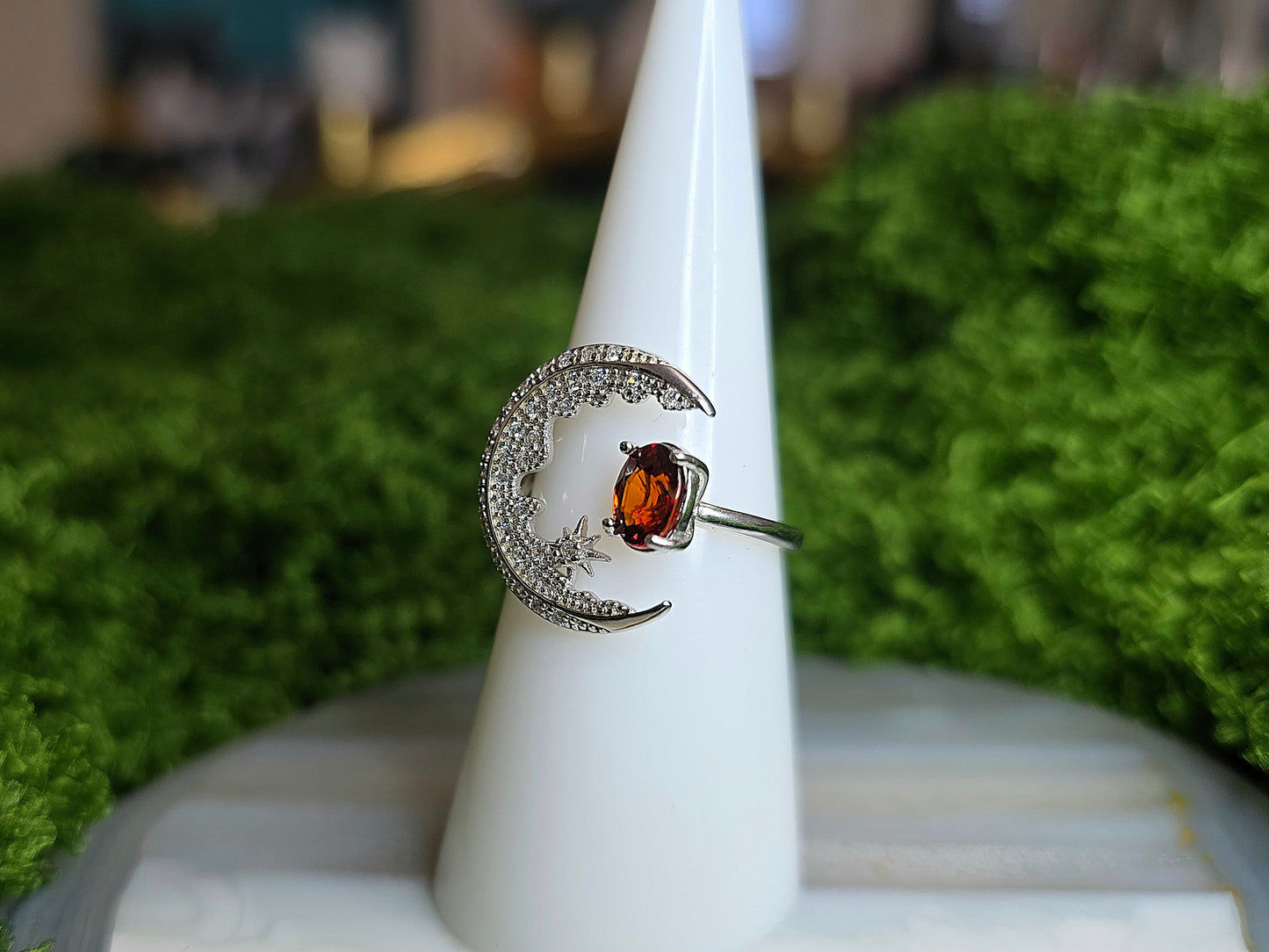 Garnet Crescent Moon Ring