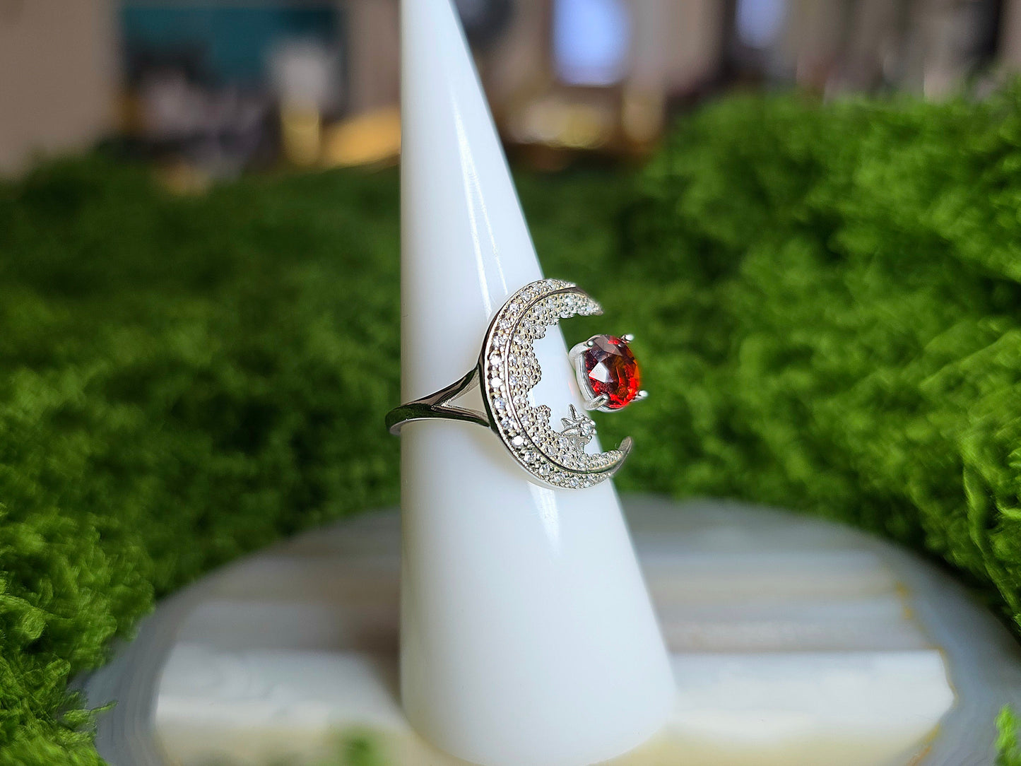 Garnet Crescent Moon Ring