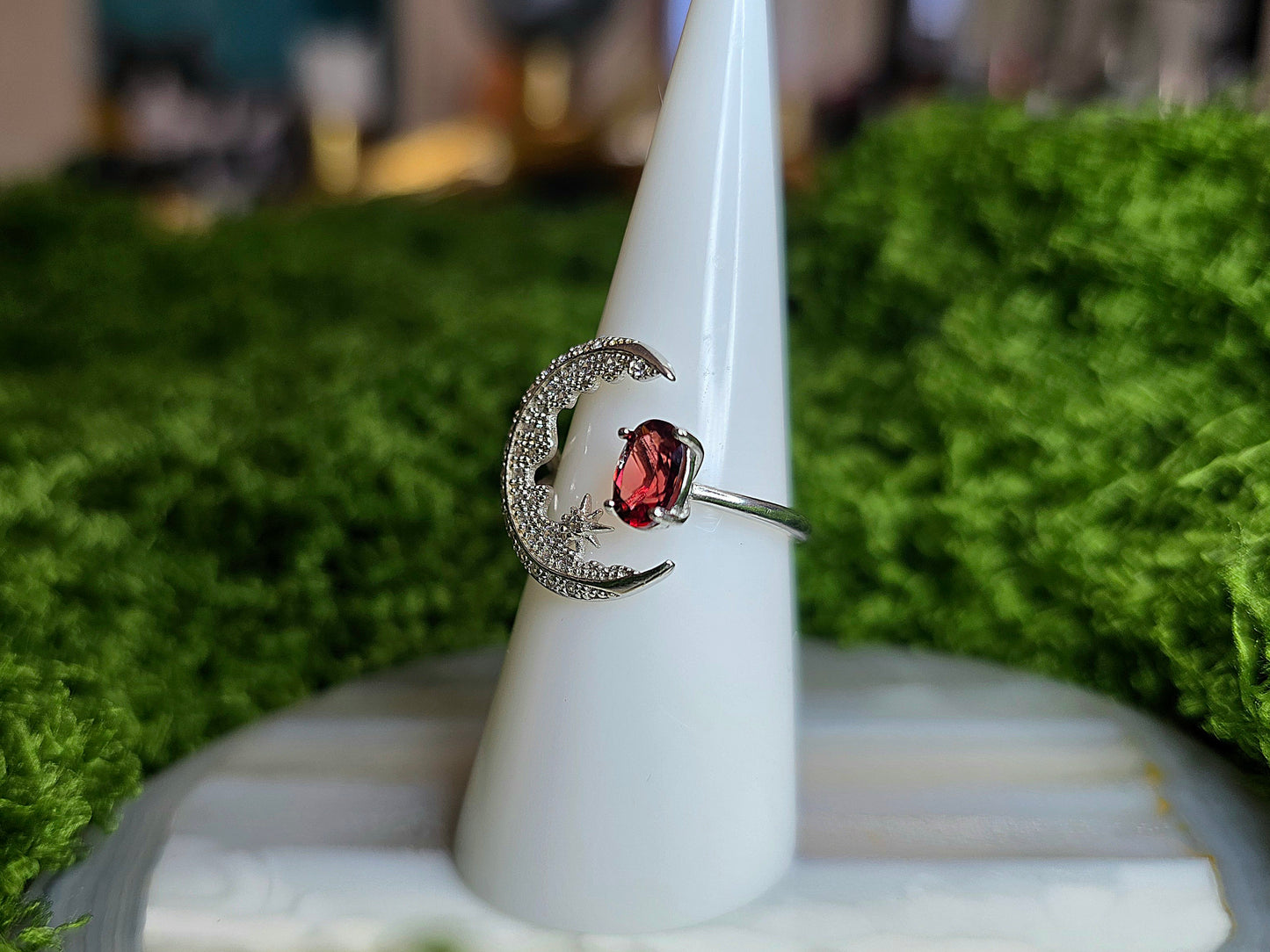 Garnet Crescent Moon Ring