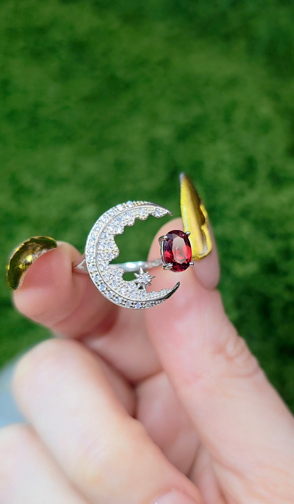 Garnet Crescent Moon Ring