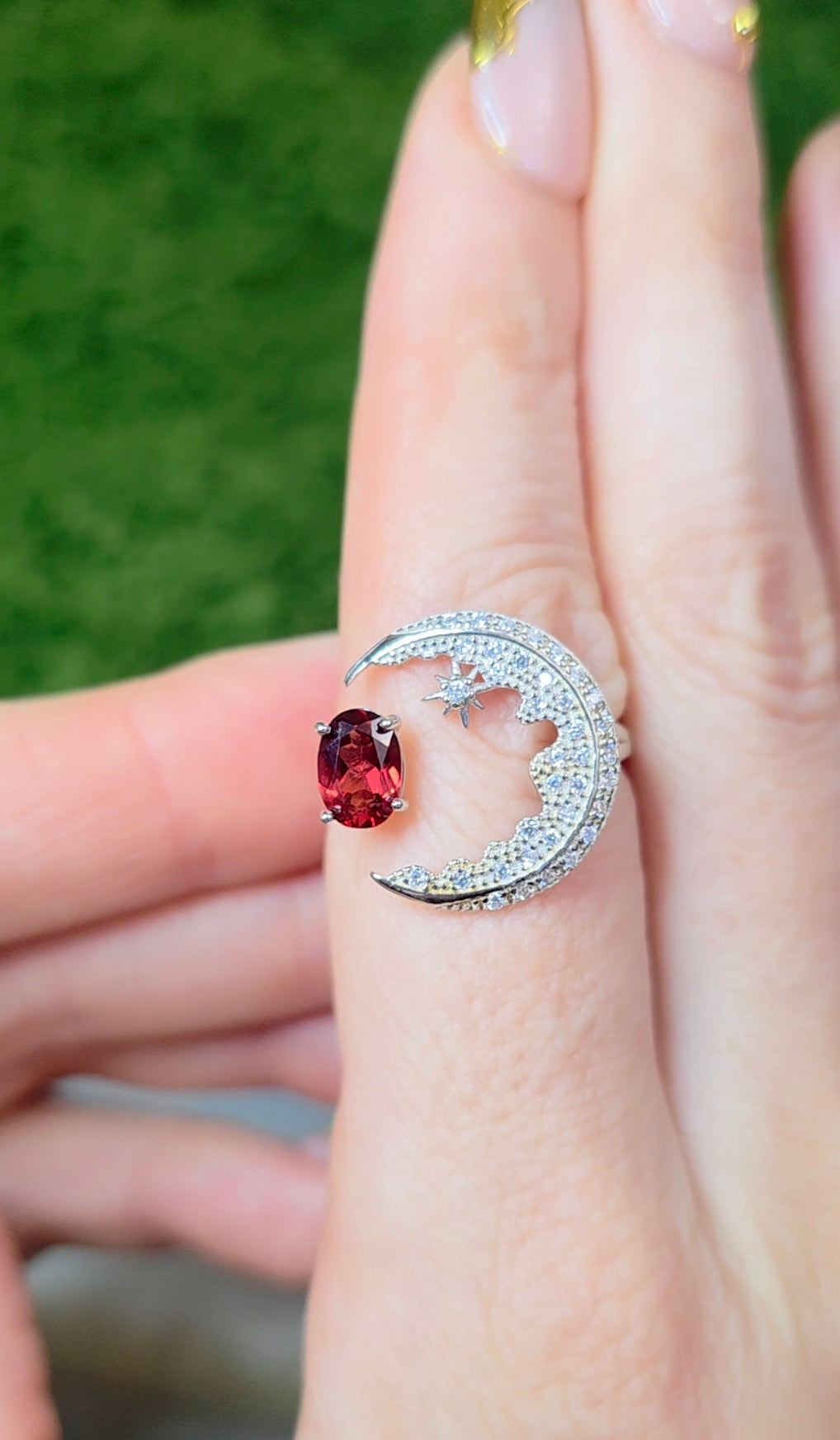 Garnet Crescent Moon Ring