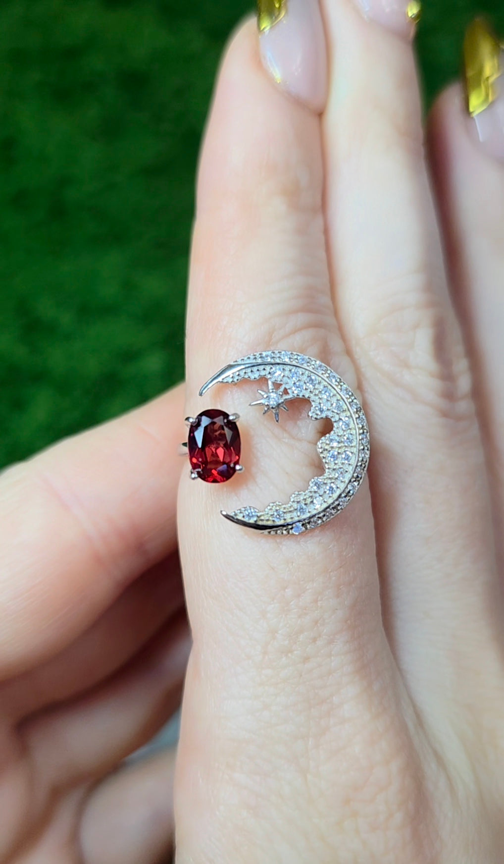 Garnet Crescent Moon Ring