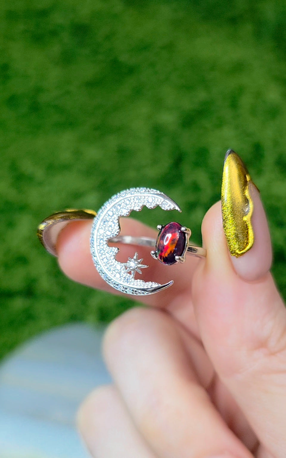 Black Opal Crescent Moon Ring A