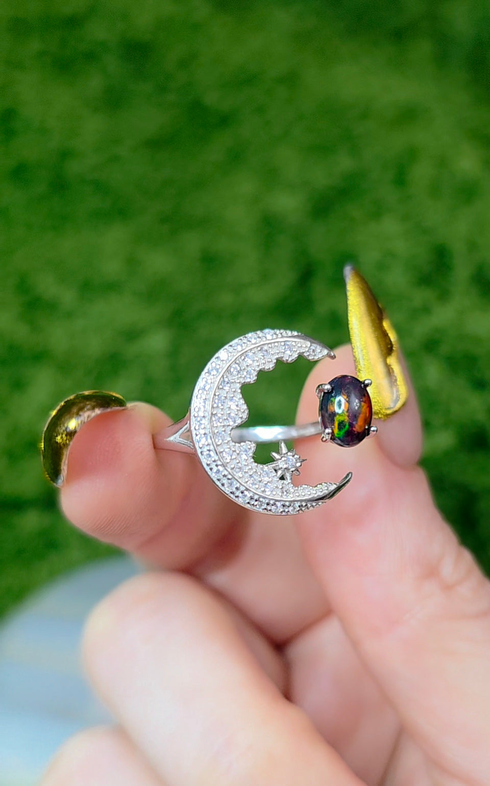 Black Opal Crescent Moon Ring A