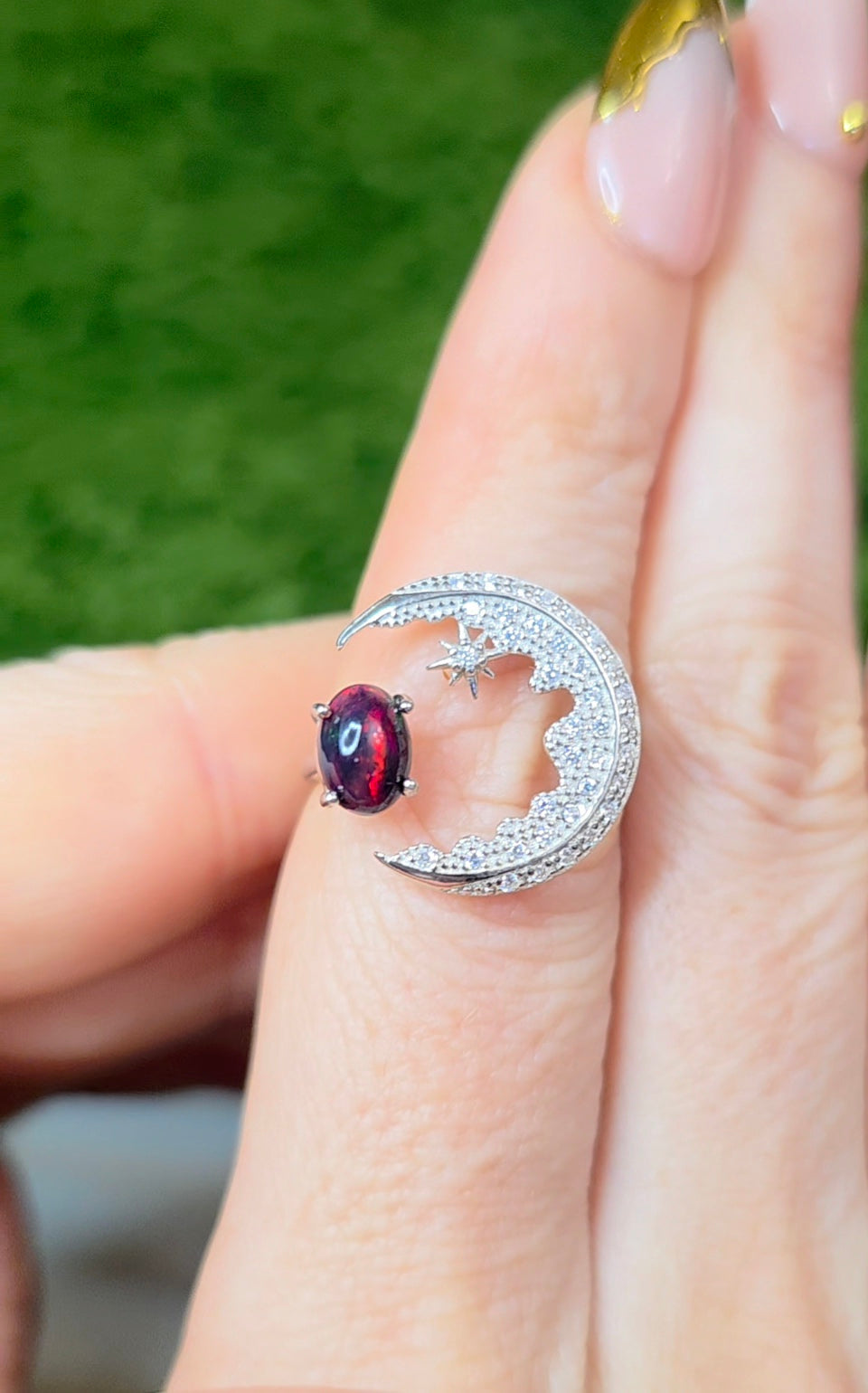 Black Opal Crescent Moon Ring A
