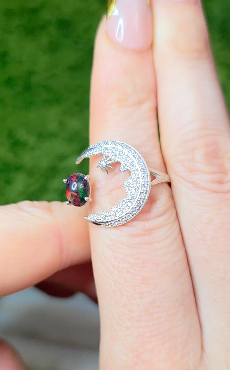 Black Opal Crescent Moon Ring A