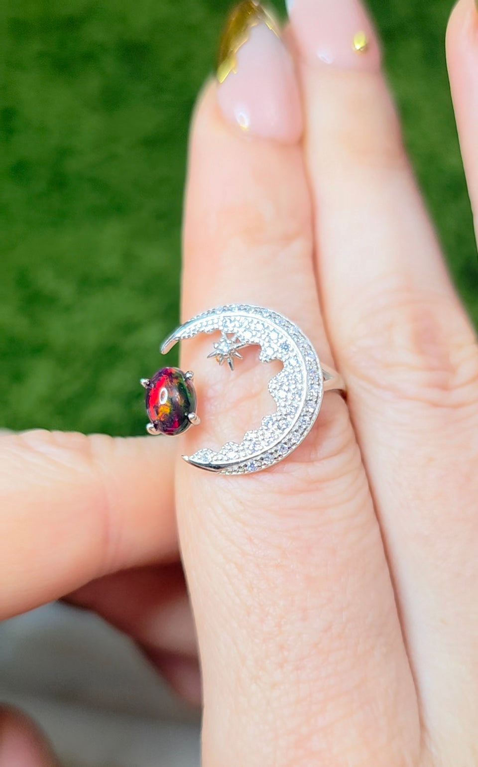 Black Opal Crescent Moon Ring A