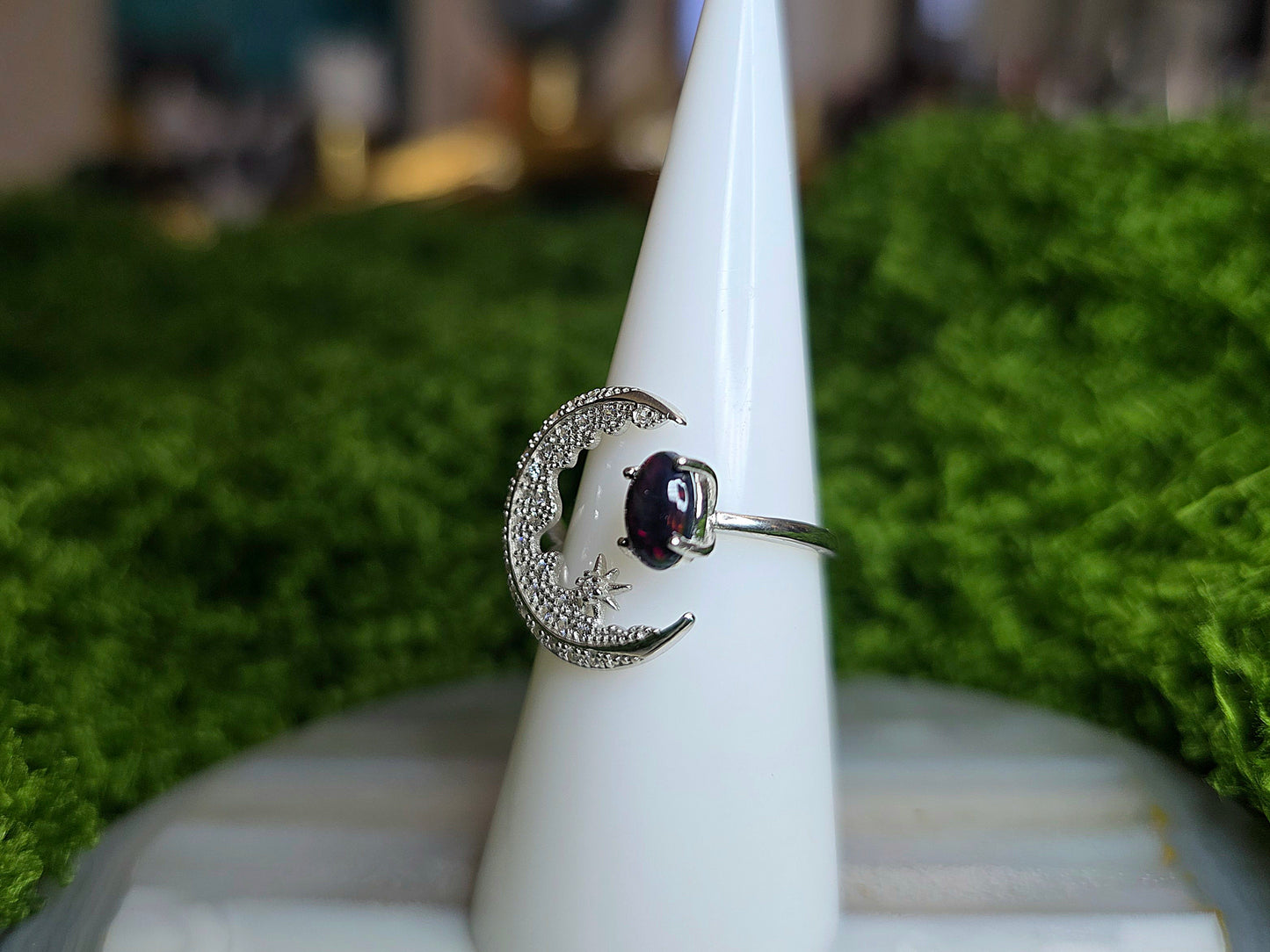 Black Opal Crescent Moon Ring A