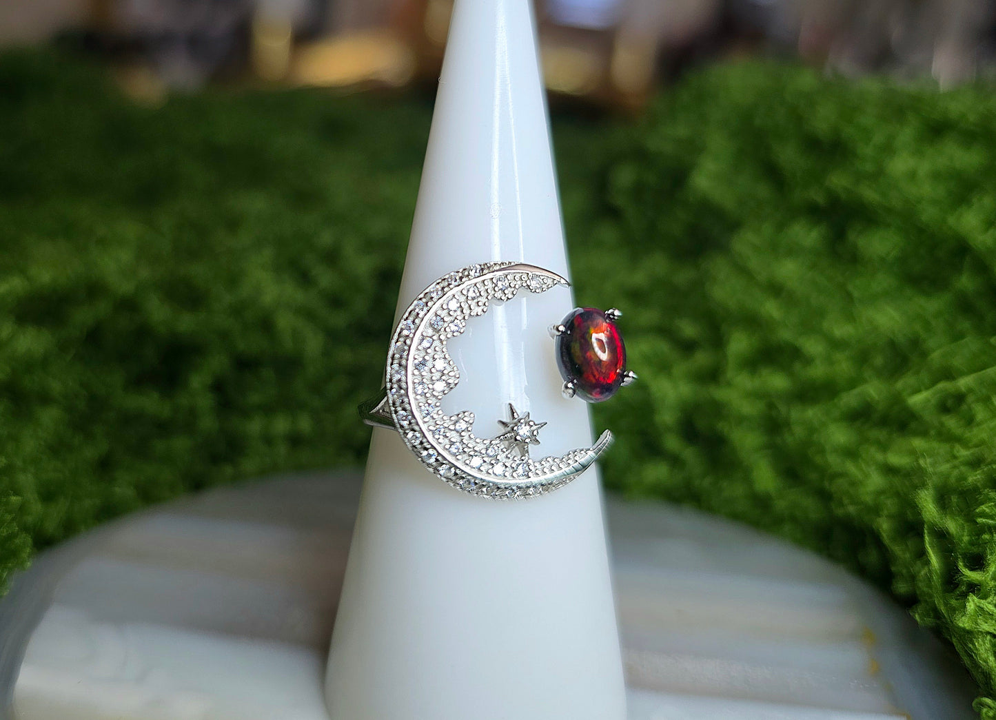 Black Opal Crescent Moon Ring A