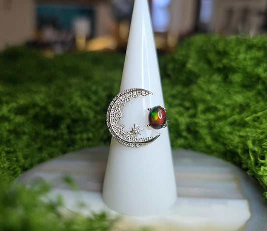Black Opal Crescent Moon Ring B
