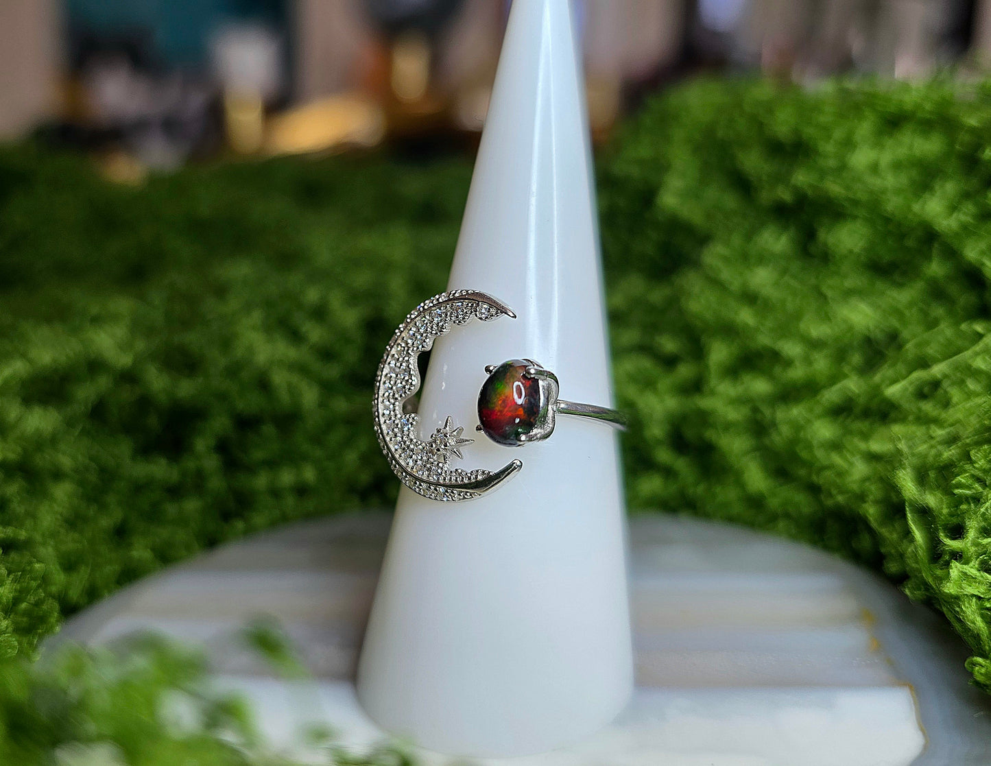 Black Opal Crescent Moon Ring B