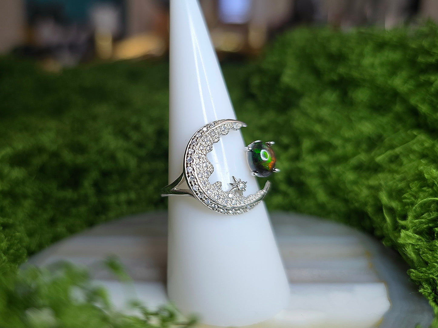 Black Opal Crescent Moon Ring B