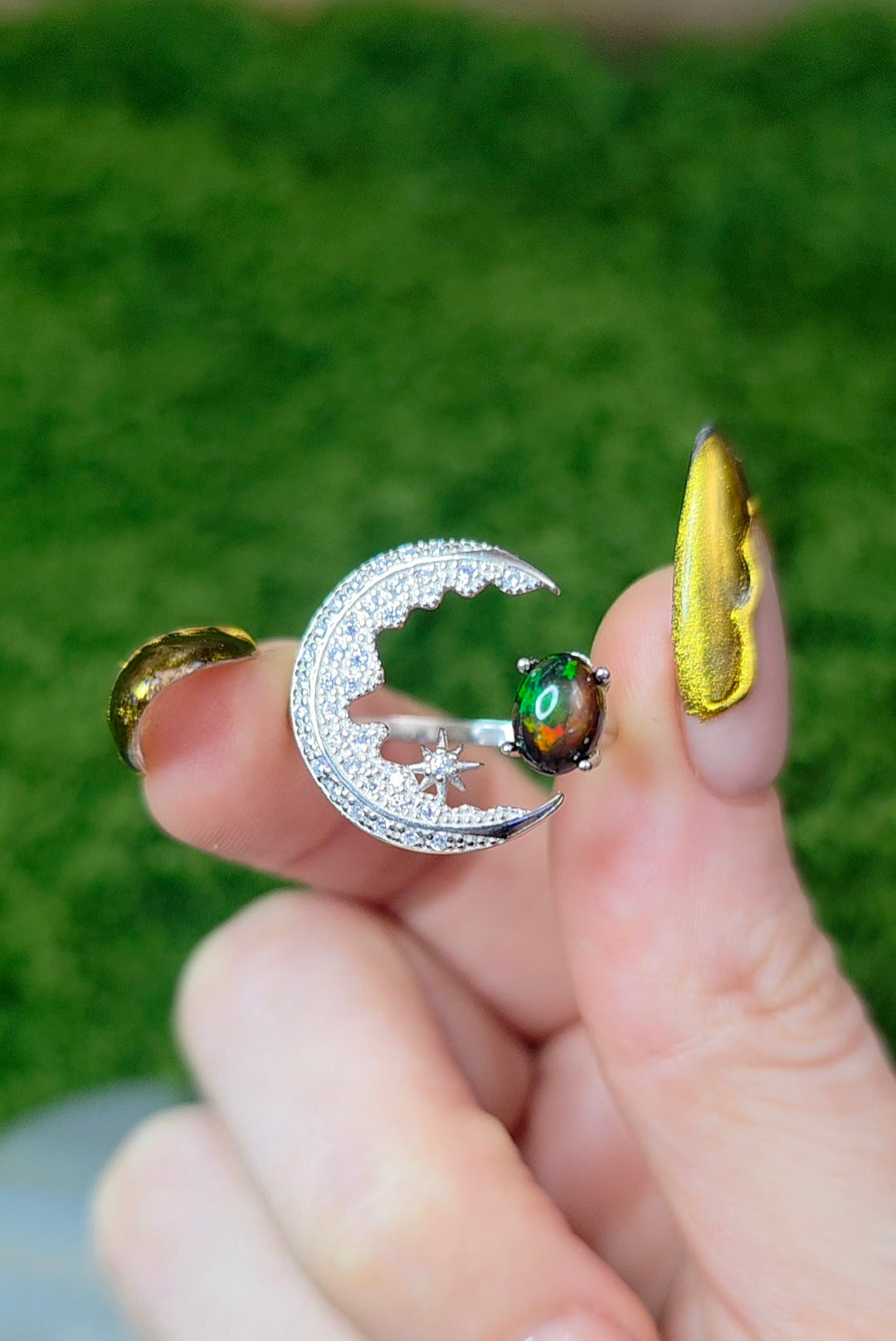 Black Opal Crescent Moon Ring B