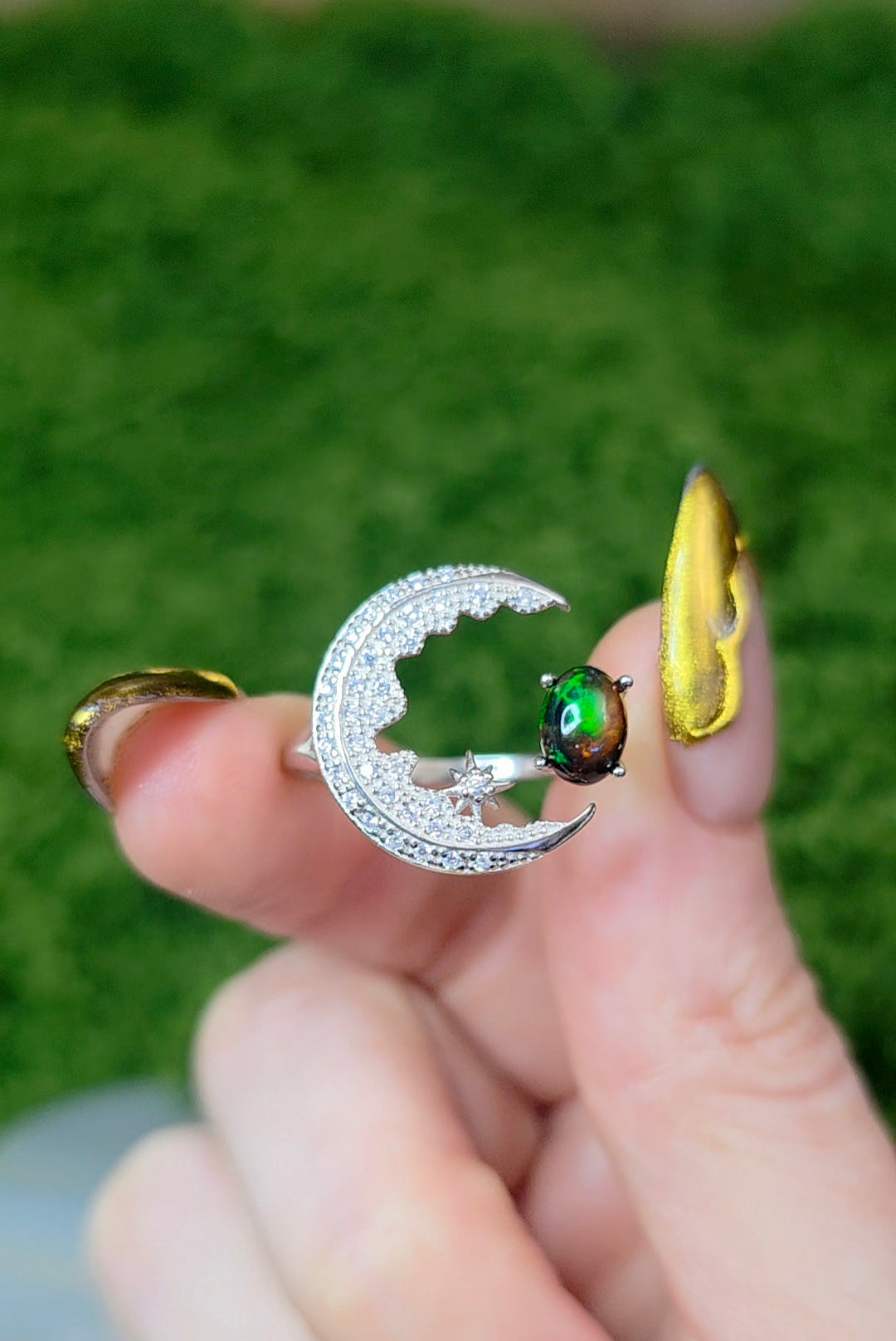 Black Opal Crescent Moon Ring B