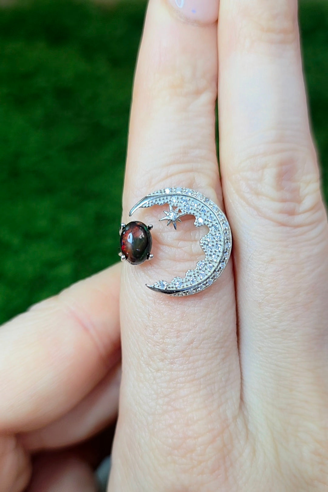 Black Opal Crescent Moon Ring B