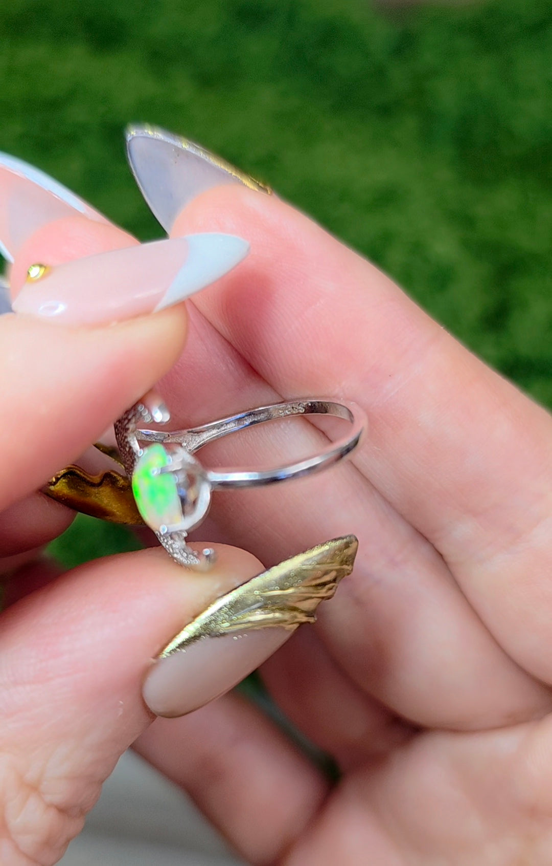 White Opal Crescent Moon Ring A