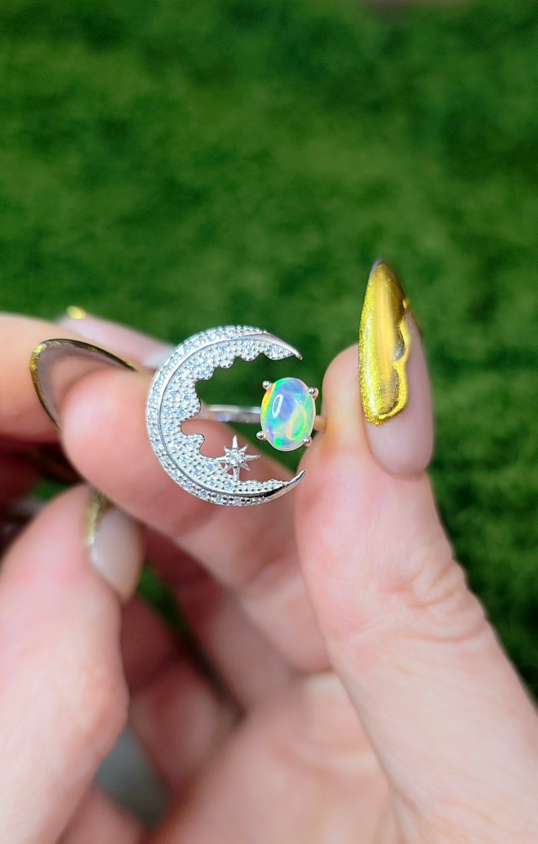 White Opal Crescent Moon Ring A