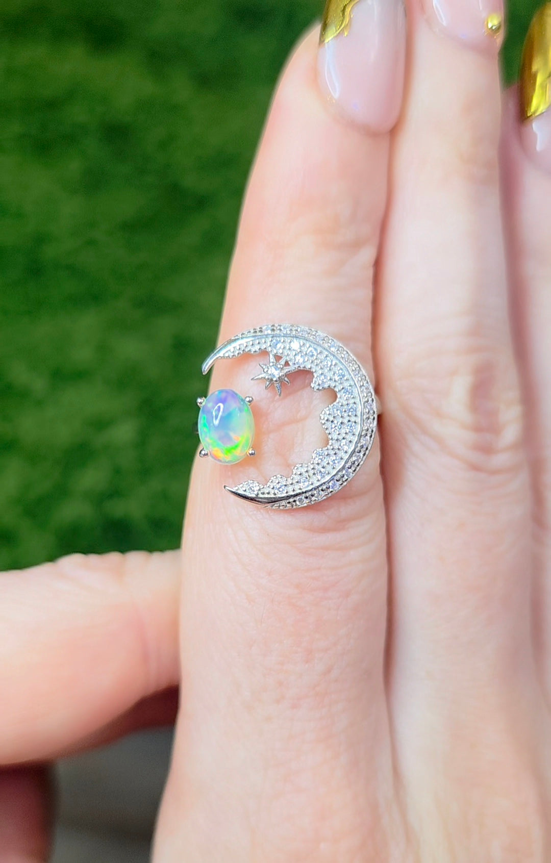 White Opal Crescent Moon Ring A