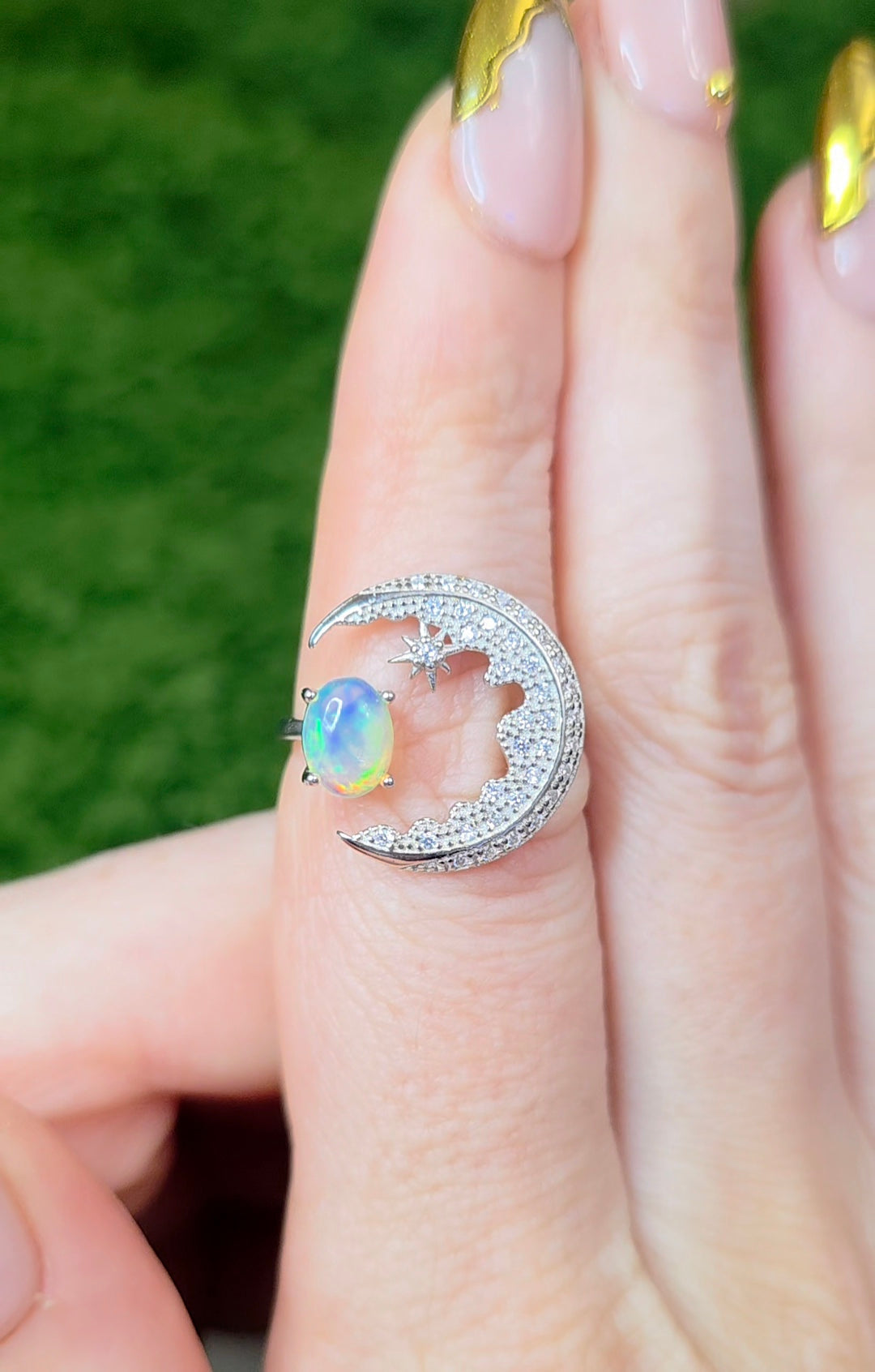 White Opal Crescent Moon Ring A